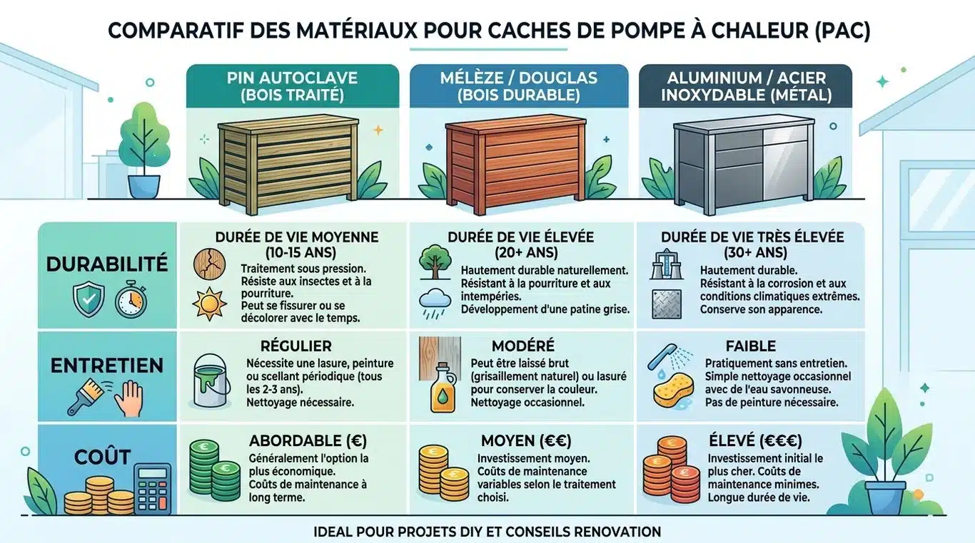 Comparatif des matériaux pour cache pompe à chaleur : Pin, Douglas et Aluminium