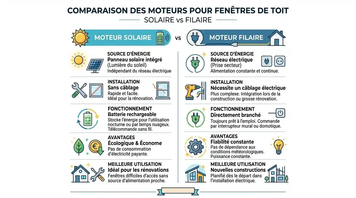 Infographie comparative des moteurs de fenêtres de toit : solaire vs filaire