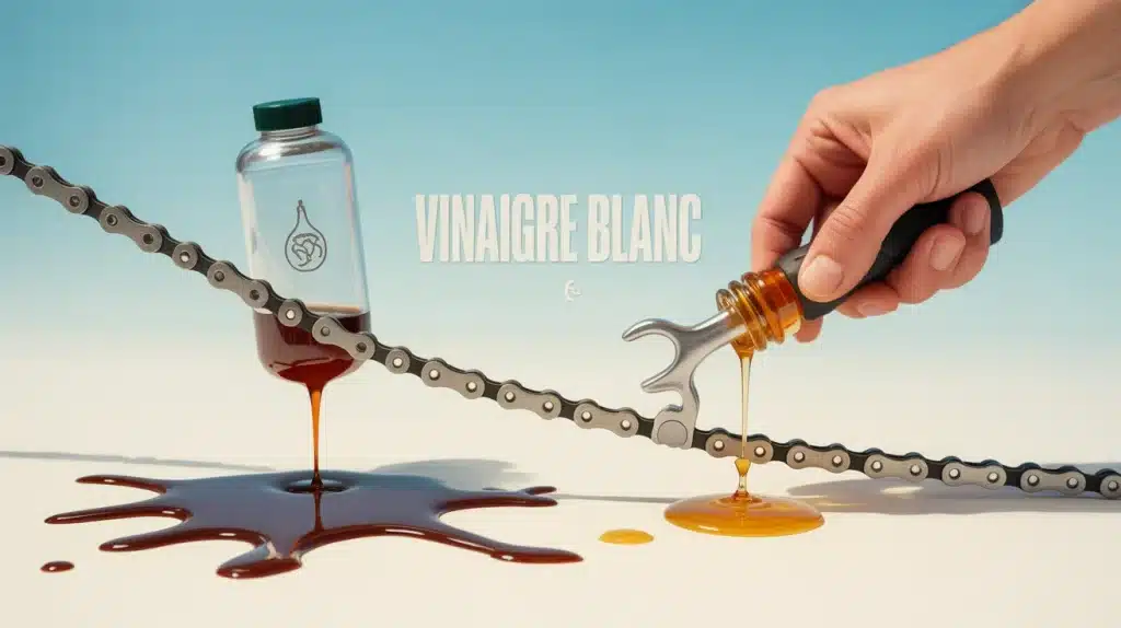 nettoyer chaîne vélo vinaigre blanc avec brosse et gouttes