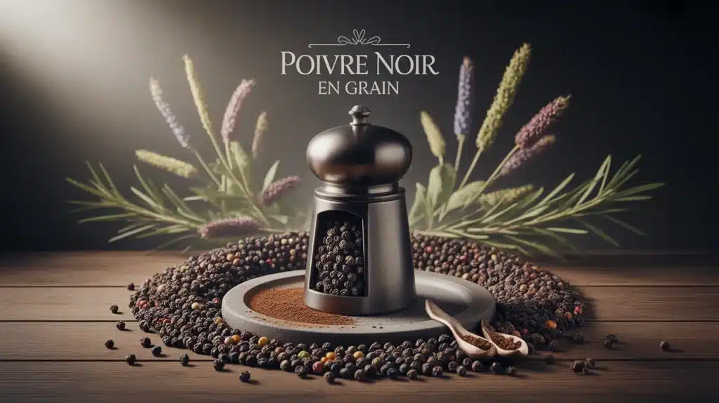 poivre noir en grain sur table avec moulin
