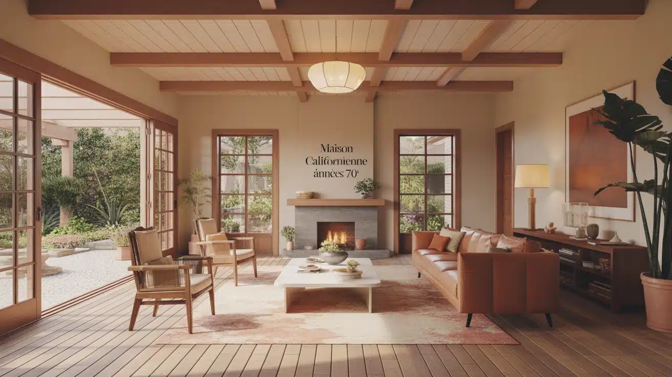 Salon maison californienne année 70 lumineux avec baies vitrées