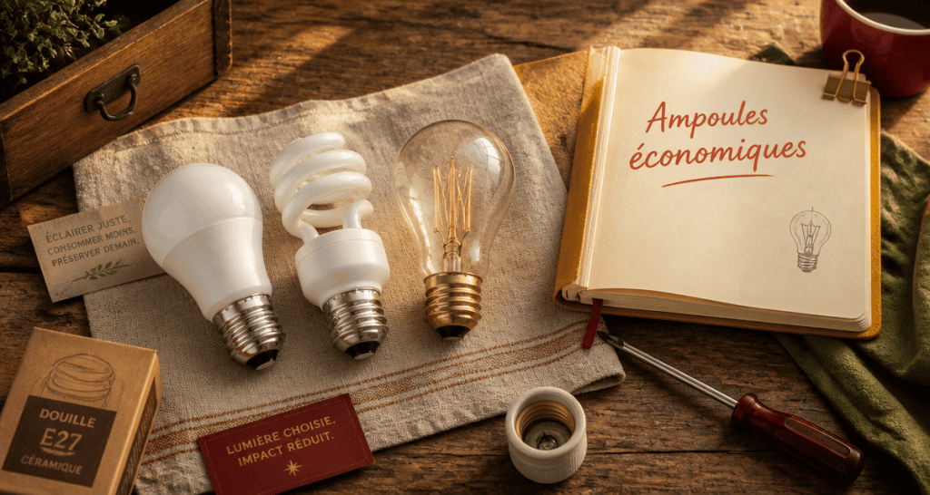 ampoule economique led et incandescence sur table bois