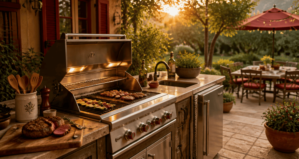 barbecue cuisine extérieure avec plancha et jardin