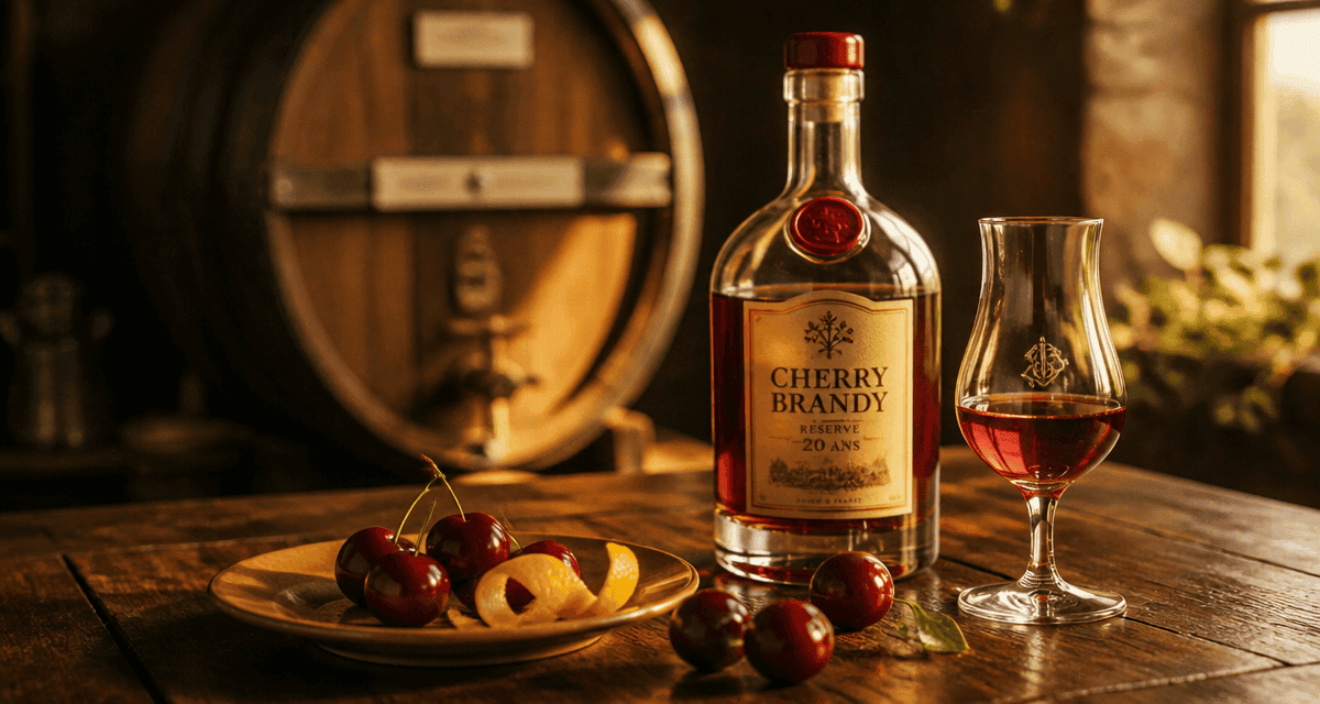 cherry brandy liqueur bouteille et cerises sur table
