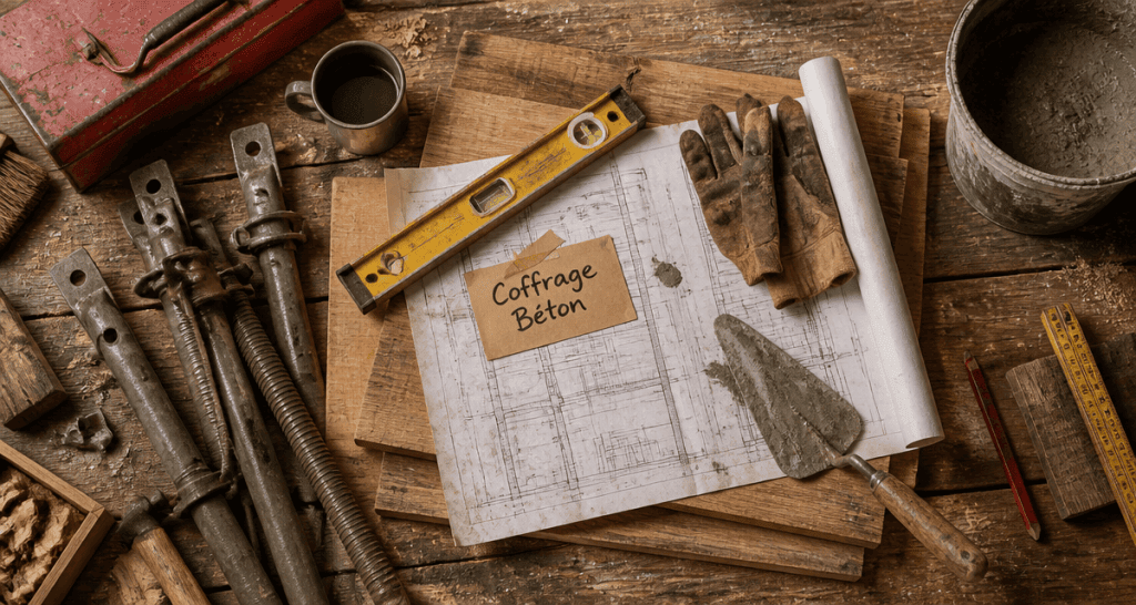 Coffrage mur, outils et matériaux sur établi de chantier