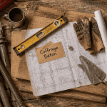 Coffrage mur, outils et matériaux sur établi de chantier