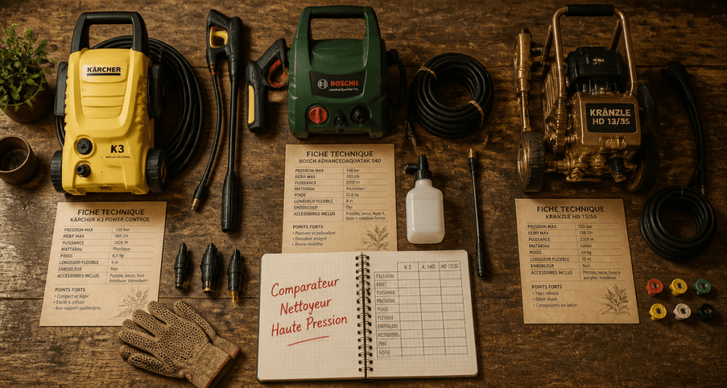 Comparateur nettoyeur haute pression différents matériaux sur table