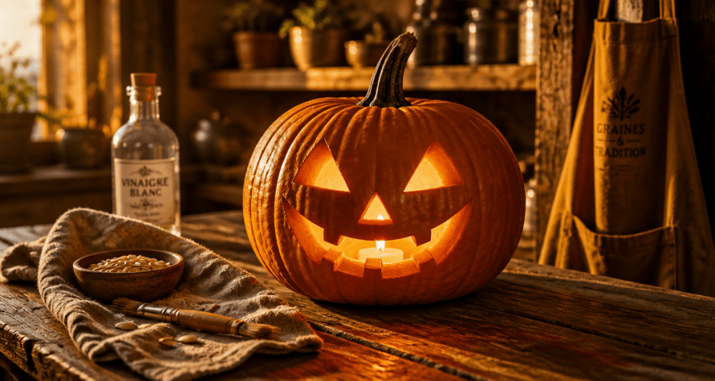 conserver citrouille halloween sur table rustique