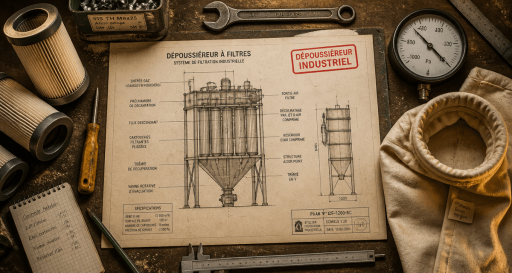 dépoussiéreur industriel sur établi avec filtres et schéma technique