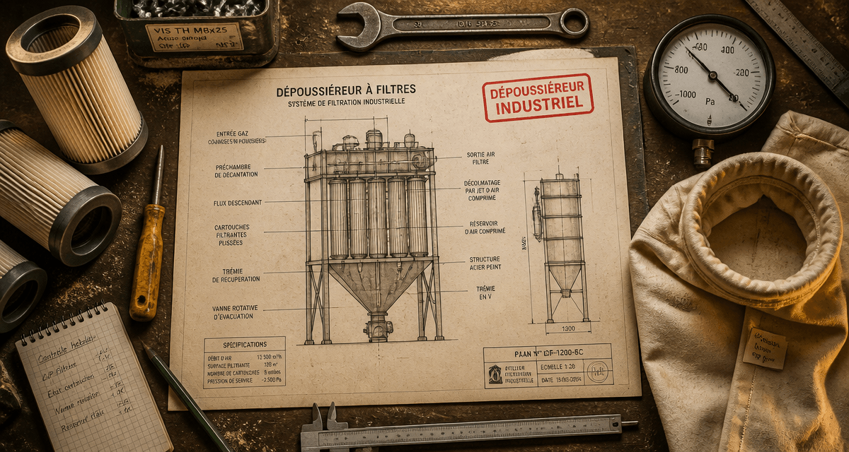 dépoussiéreur industriel sur établi avec filtres et schéma technique