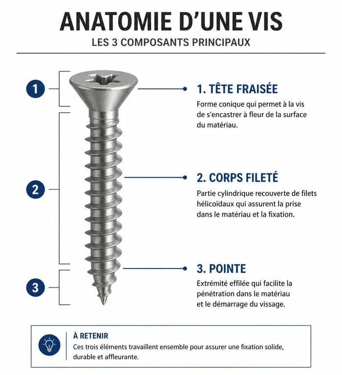 Schéma explicatif de l'anatomie d'une vis : tête, corps et filetage pour le choix de la bonne vis