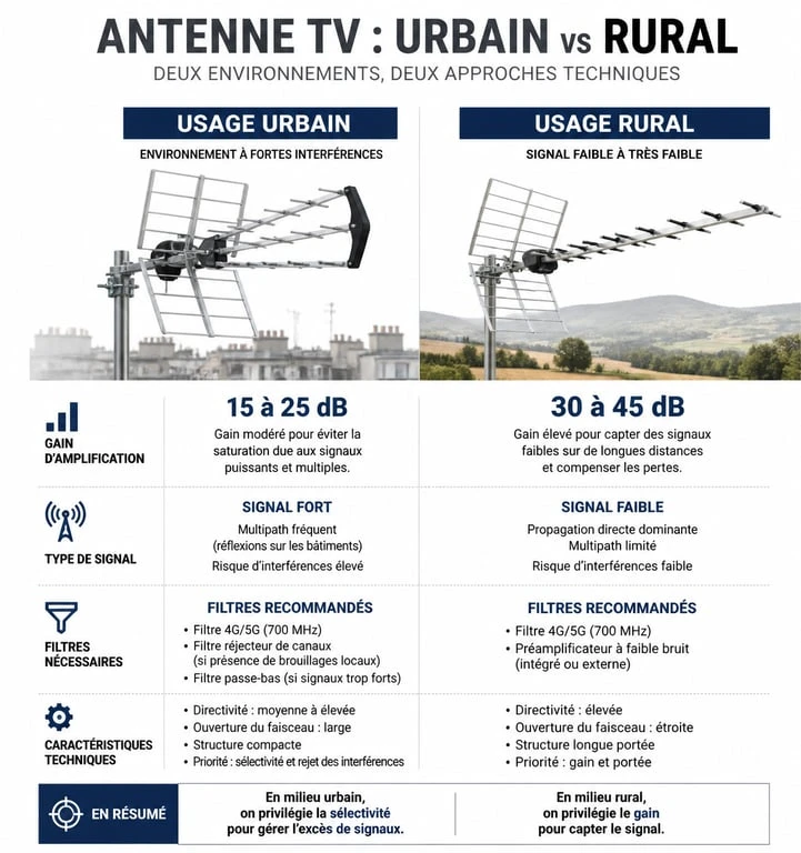 Comparatif technique antenne sans fil pour TV : usage urbain vs rural