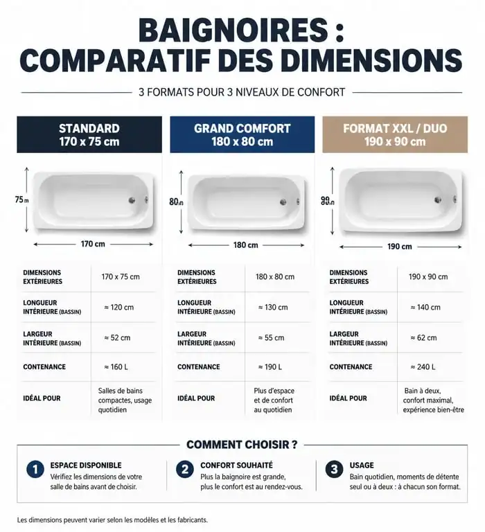 Comparatif des dimensions de grandes baignoires : standard, grand confort et format XXL pour salle de bain.