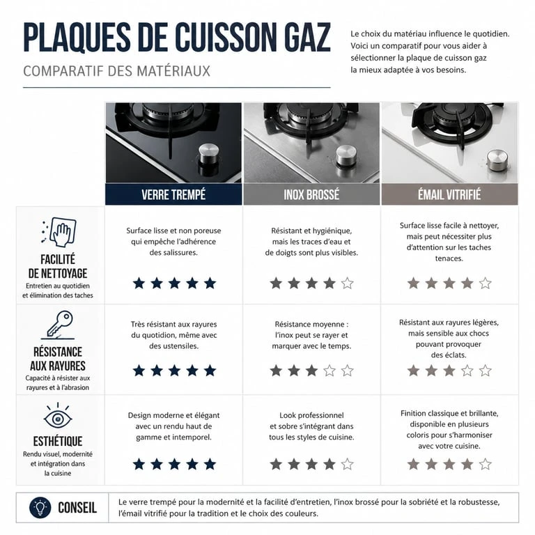 Comparatif des matériaux pour plaque de cuisson gaz 5 feux facile à nettoyer