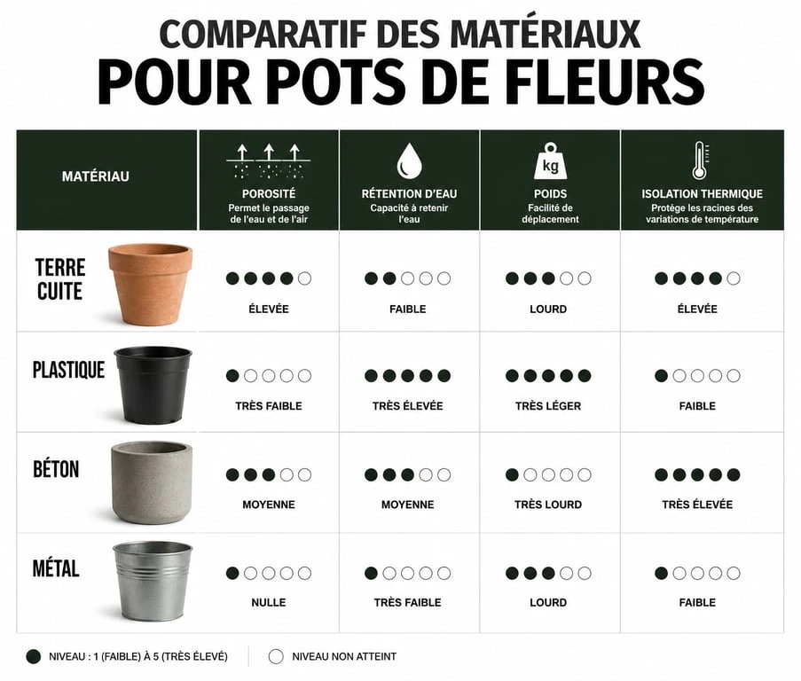 Tableau comparatif des matériaux pour pot de fleurs : terre cuite, plastique, béton et métal pour choisir le contenant idéal.