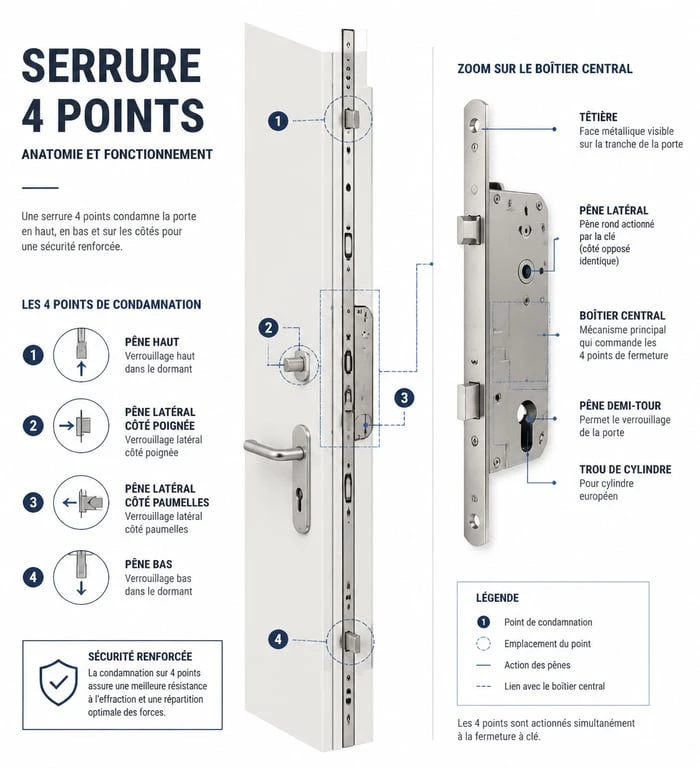 Schéma technique d'une serrure 4 points pour porte d'entrée