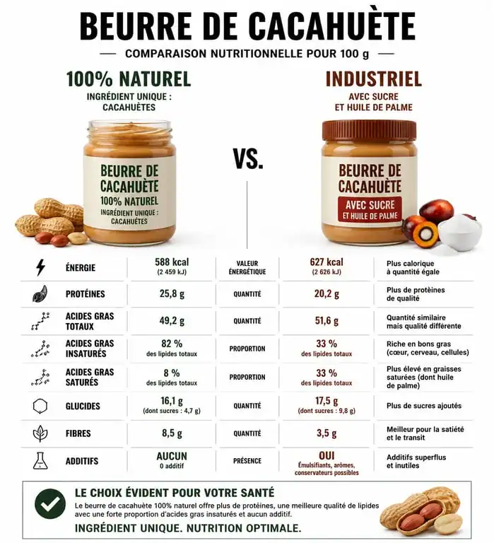 Infographie comparative des bienfaits nutritionnels du beurre de cacahuète sans sucre ajouté