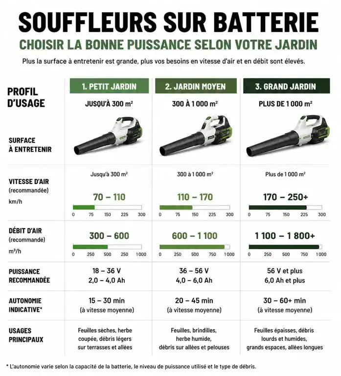 Infographie comparative des performances des meilleurs souffleurs sur batterie selon la surface du jardin