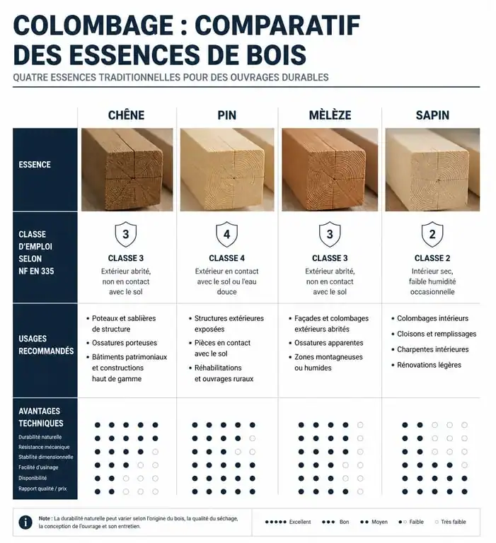 Tableau comparatif des essences de bois pour colombage : chêne, pin, mélèze et sapin pour la construction.