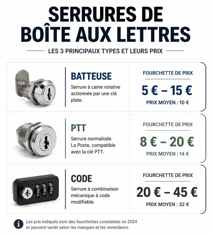 Infographie comparative des prix des serrures de boîte aux lettres : batteuse, PTT et code.