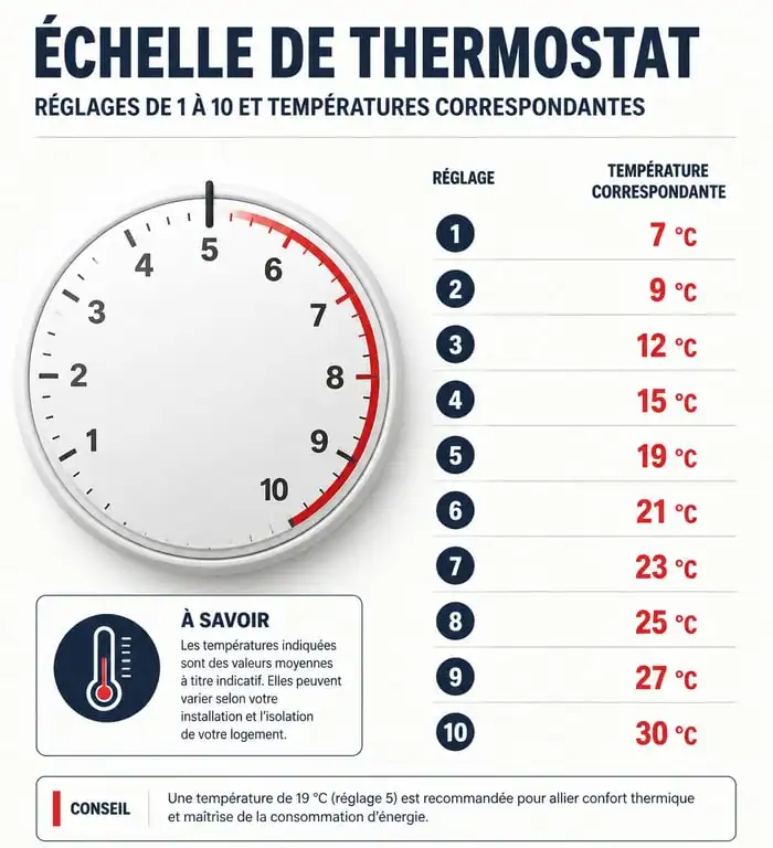 Infographie des correspondances entre les positions du thermostat et la température en degrés Celsius pour four