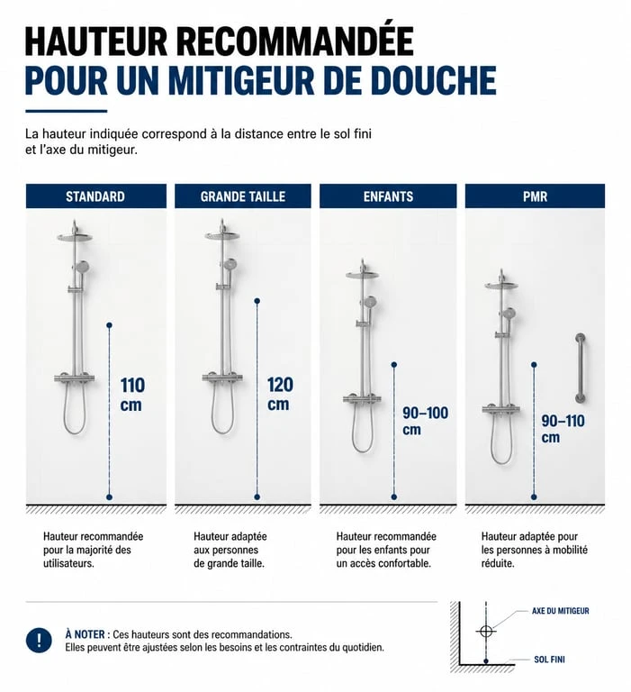 Infographie des hauteurs de pose pour mitigeur de douche selon le profil utilisateur