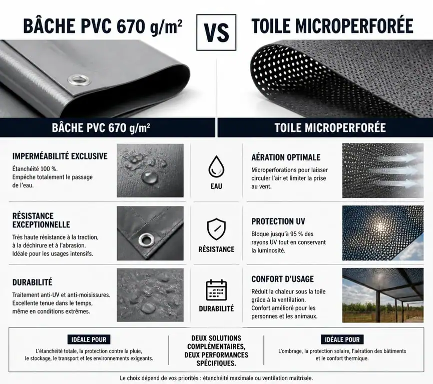 Comparatif technique bâche tonnelle PVC vs microperforée