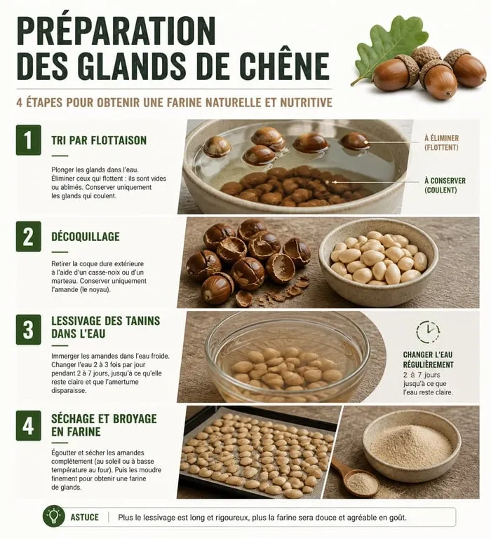 Infographie des étapes de préparation des glands de chêne pour la consommation