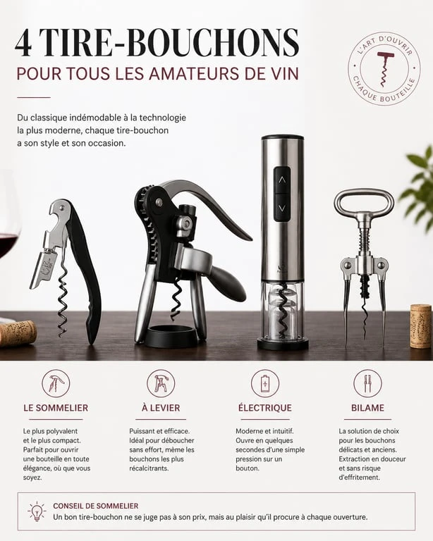 Différents types de tire-bouchons : sommelier, levier, électrique et bilame pour ouvrir une bouteille de vin.