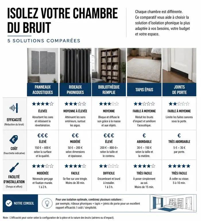 Comparatif des solutions d'isolation phonique mur chambre sans travaux