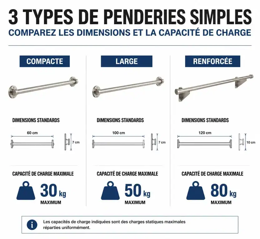 Infographie comparative des types de penderies simples : dimensions et capacité de charge pour choisir son rangement.