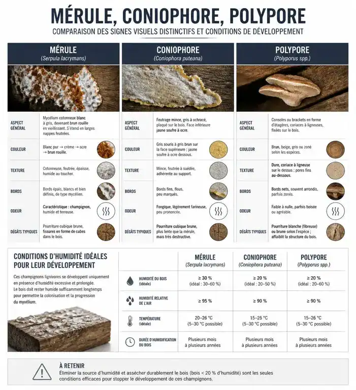 Infographie comparative des champignons lignivores : mérule, coniophore et polypore pour identification sur bois