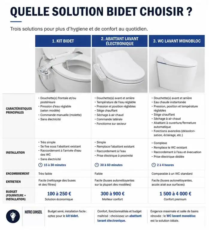 Infographie comparative des solutions de bidet toilet bidet : kit, abattant et WC lavant