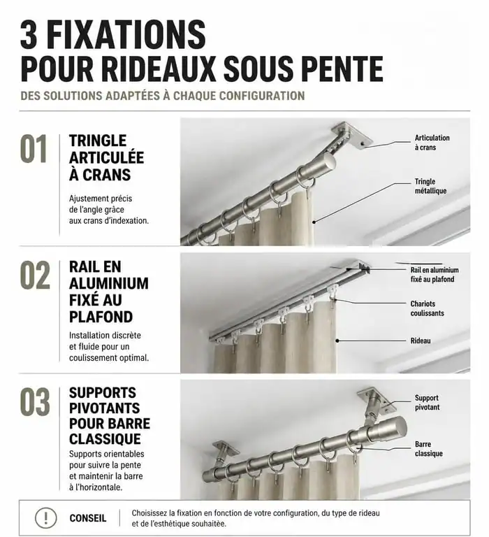 Schéma des solutions de tringle rideau sous pente : tringle articulée, rail aluminium et supports pivotants.