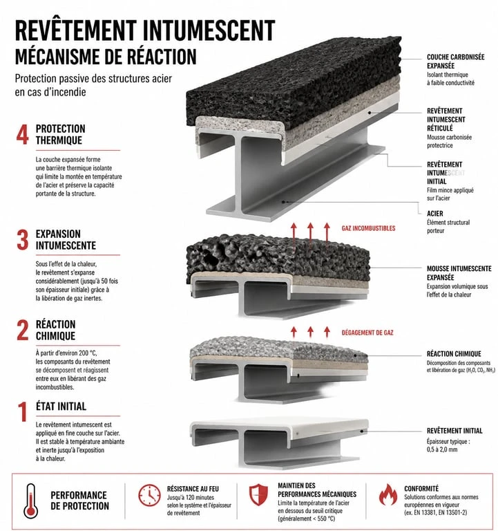 Schéma du fonctionnement d'un matériau ignifuge intumescent sur une structure métallique