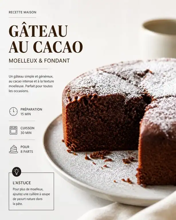 Gâteau au cacao moelleux fait maison, recette simple et rapide