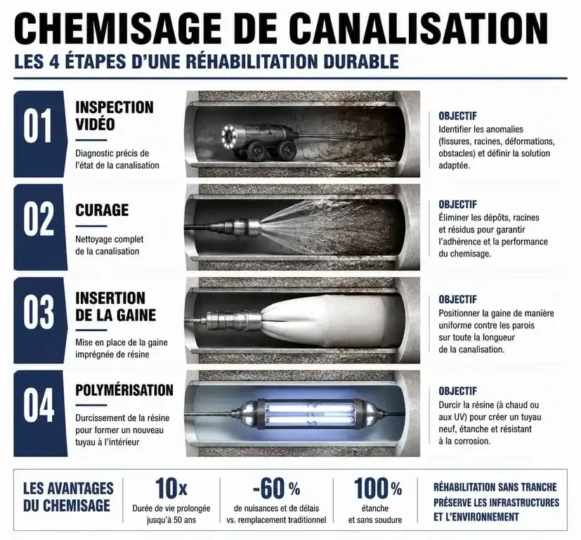 Schéma des étapes du chemisage de canalisation pour la réparation sans casse