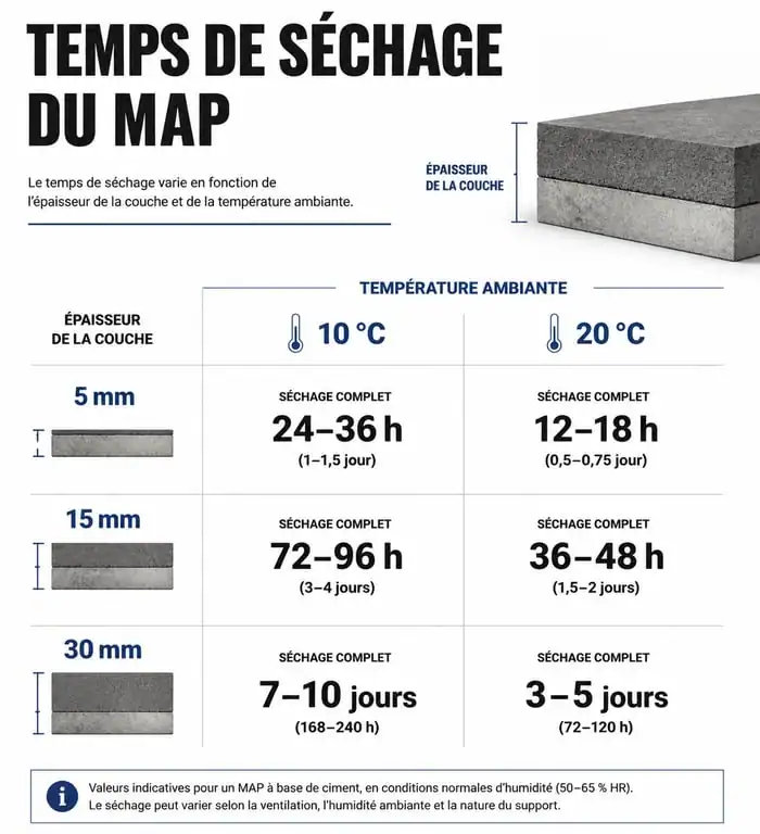 Infographie des temps de séchage du MAP selon l'épaisseur et la température pour vos travaux de plâtrerie