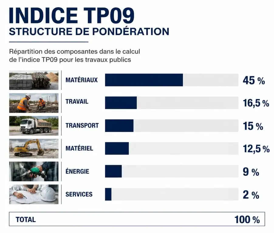 Structure de pondération de l'indice TP09 pour les travaux publics