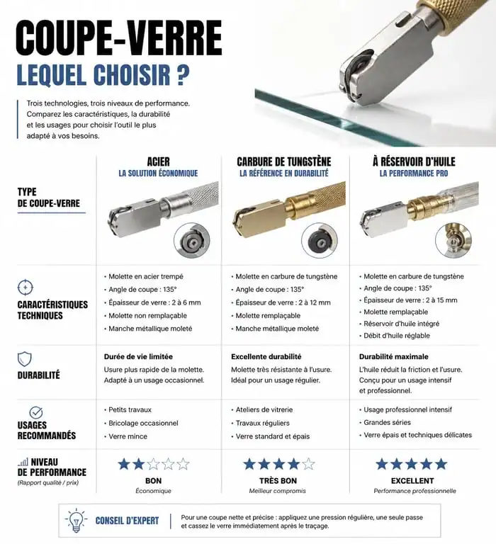 Comparatif des types d'outils à couper le verre : acier, carbure et réservoir d'huile