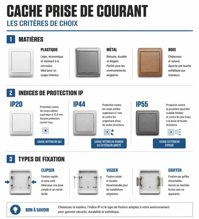 Infographie récapitulative des critères de choix pour un cache prise de courant et plaque de finition