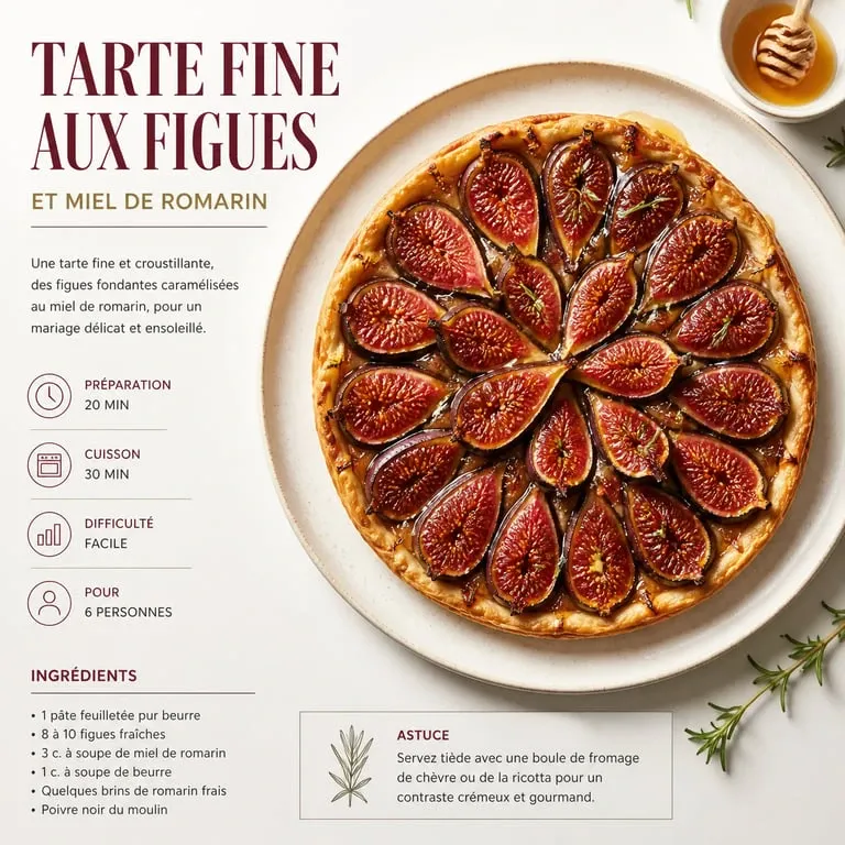 Tarte fine aux figues congelées et miel de romarin sur une table en bois