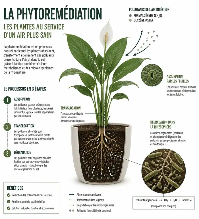 Infographie explicative du fonctionnement des plantes d'intérieur dépolluantes et de la phytoremédiation.