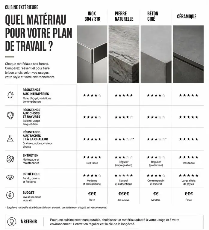 Comparatif des matériaux pour cuisine extérieure : Inox, Pierre, Béton et Céramique