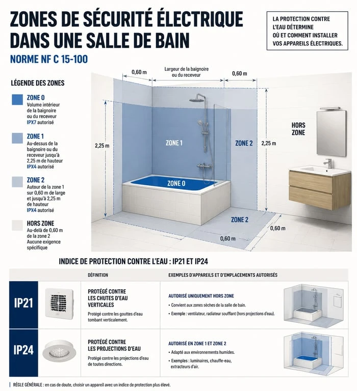 Infographie des indices de protection IP21 et IP24 pour le meilleur radiateur soufflant salle de bain