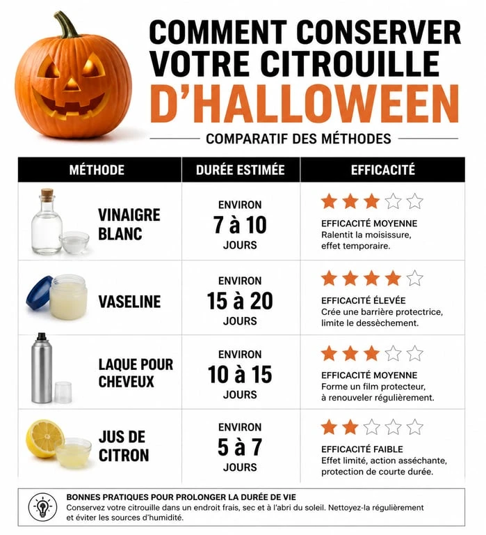 Tableau comparatif des méthodes pour conserver une citrouille d'Halloween