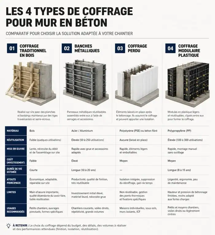 Comparatif des types de coffrage pour mur en béton : traditionnel, banches, perdu et modulaire