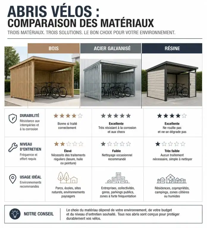 Infographie comparative des matériaux pour abris vélos : bois, acier galvanisé et résine pour choisir son abri vélo
