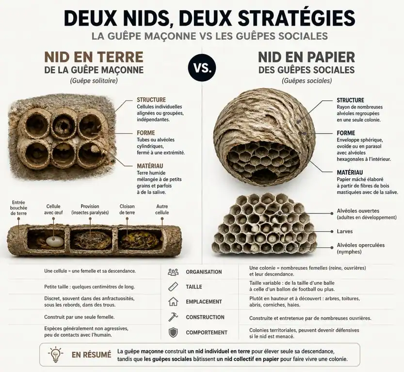 Comparaison visuelle entre un nid de guêpe maçonne en terre et un nid de guêpe sociale en papier pour une identification sécurisée