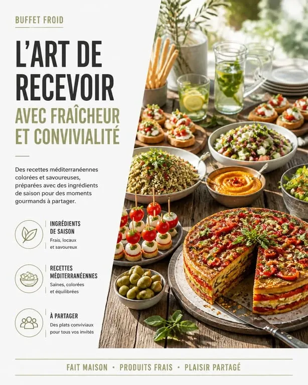 Buffet froid convivial entre amis avec cake aux légumes et salades fraîches